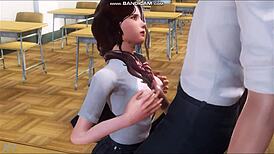 Brunette student receives oral instruction from teacher in classroom
