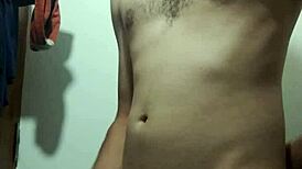 Undressing in the bathroom for solo masturbation with small waist