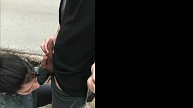 watch this amateur brunette suck dick outdoor in public