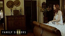 Slender Babe Spreads Legs for Handsome Stepfather's Big Cock Pounding in Spooning on Bed