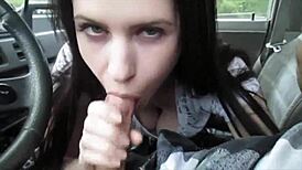 She gives a passionate blowjob in the parked car.