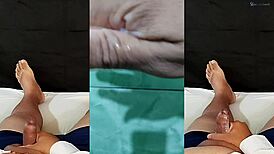 Fat amateur gets excited thinking of ex-girlfriend and masturbates with hand covered in cum while wife unaware