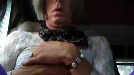 Big shemale cock gets stroked by mature transsexual in casual scene