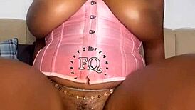 Ebony teen hints at huge rainbow dildo play on bed with big boobs and ass in lingerie