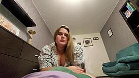 beautiful bbw goddess in flesh colored pantyhose plays with slaves cock with heels and feet