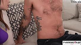 The tattoo artist with pretty features rides her horny client in rough cowgirl. She takes deepthroat blowjob and cunilingus before doggystyle fucking with cum on tits.