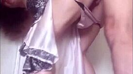 Fucking white woman standing from behind in satin panties and high heels