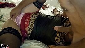 French Slut in Black Satin Dress, Red Garter Belt, Pink Panties, Stockings, Heels, Doggystyle Fucking and Blowjob