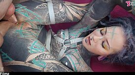 heavy tattoo girl swallows after anal gape
