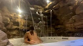 Couple enjoying honeymoon in motel, wife relaxing by the pool with a fun ride.