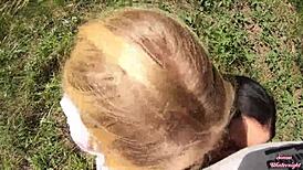 Smoking sluts suck cock and swallow cum in outdoor threesome