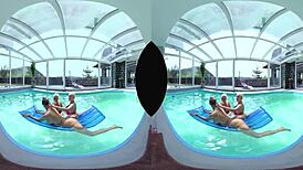 european foursome with big tits by the pool, shaved and ready.