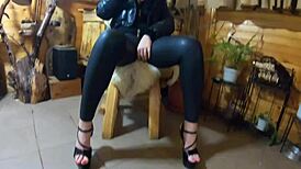 Milfy Calla previews cum on black leather leggings in fetish roleplay