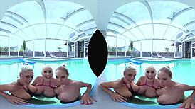 european foursome with big tits by the pool, shaved and ready.