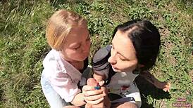 Smoking sluts suck cock and swallow cum in outdoor threesome