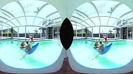 european foursome with big tits by the pool, shaved and ready.