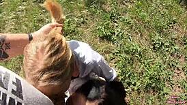 Smoking sluts suck cock and swallow cum in outdoor threesome