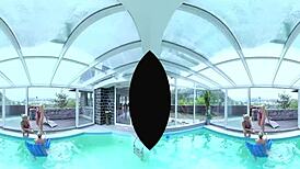 european foursome with big tits by the pool, shaved and ready.