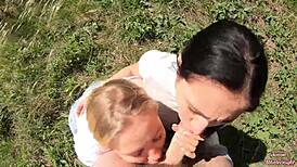 Smoking sluts suck cock and swallow cum in outdoor threesome