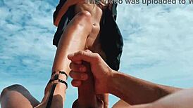 Blonde Girl Masturbates At Public Nudist Beach, Strokes Dick With Feet