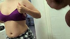 Stepsister watches stepbrother jerk off on her big tits in the shower