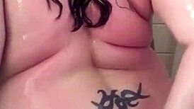 big boob mama showering washing hair & shaving