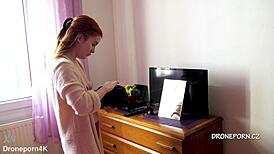 Beautiful Naked Redhead Karolinka Applies Makeup with Small Natural Tits