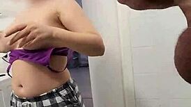 Stepsister watches stepbrother jerk off on her big tits in the shower