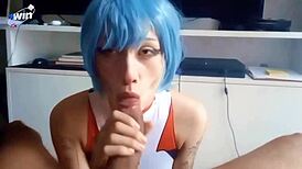 Rei Ayanami Cosplay Blowjob Cum In Bodysuit