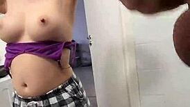 Stepsister watches stepbrother jerk off on her big tits in the shower