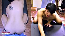 Skinny Jae Scott sucks dick bent over for deep doggystyle pussy fucking