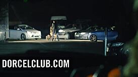 exclusive swinger party on public parking with brunette in stockings