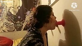 Three rubber cocks bouncing in a casual group scene.