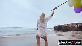 I'm Blondie Farncy Torino, a skinny Italian MILF, playing with balloons naked on the beach