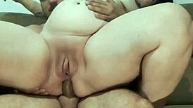 The pregnant brunette bodybuilder sensually sits on her friend's big pussy for creampie