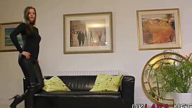 Busty British cougar enjoys oral pleasure in stockings and heels