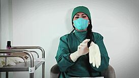 nurse in hospital uses latex gloves for fetish play