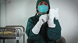 nurse in hospital uses latex gloves for fetish play