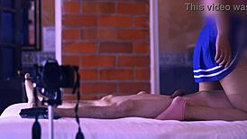 the student and the stepmother share soft caresses on the sofa