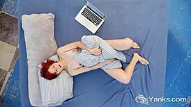 Yanks Minx Hedera Helix masturbates to orgasm with her hairy pussy, natural tits, and curly red hair.