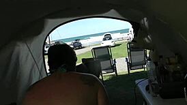 Kiwi trashy milf walks in see-through clothes at the beach, then gets creampie fucked in plain view trailer.