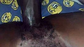 Teasing her hairy beaver with a monster black cock before penetration