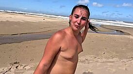 Watch this slut cum walk on the beach after sucking and jerking cock!