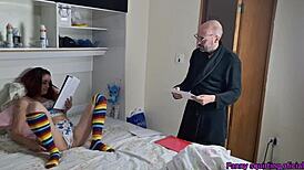 Father-in-law passionately licks stepdaughter's pussy in bedroom