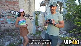 can you believe this tight teen pussy getting fucked so hard in pov? the old cuckold watches his girlfriend outdoors