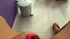 Latina student fingers huge wet pussy in public toilet flashing swollen lips to clients!