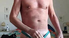 Pervy papifachero is playing with his big daddy boner bulge in turquoise thong!