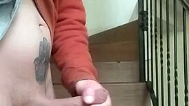 me masturbating on apartment stairs while neighbor talks on phone