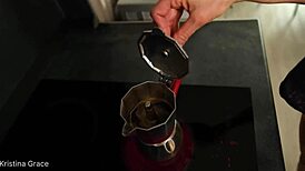 kristina's morning routine in the kitchen, barefoot and bathing