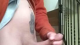 me masturbating on apartment stairs while neighbor talks on phone